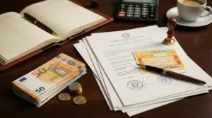 Documenti notarili, schedina del Superenalotto e denaro su una scrivania