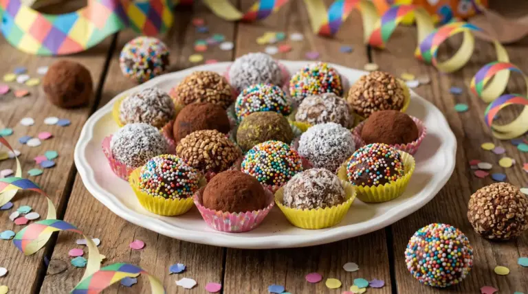Vassoio di tartufini di Carnevale senza cottura, decorati con cacao, cocco, granella e zuccherini colorati