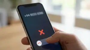Persona che rifiuta una chiamata sospetta sullo smartphone con prefisso internazionale 44