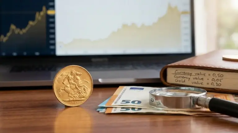 Sterlina d’oro su un tavolo con banconote, lente d’ingrandimento e grafico di mercato sullo sfondo