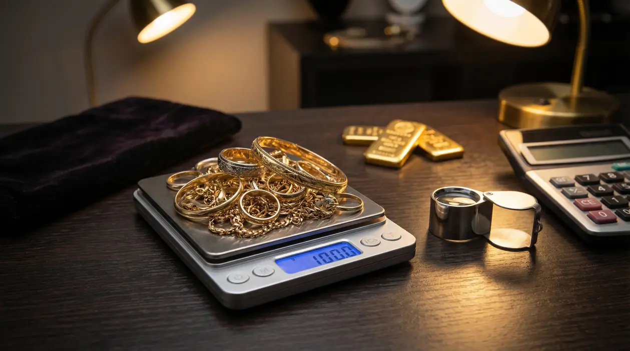 Gioielli in oro usato su una bilancia di precisione accanto a lingotti, lente e calcolatrice