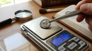 Moneta romana antica su bilancia di precisione, esaminata con pinzette accanto a lente e catalogo numismatico