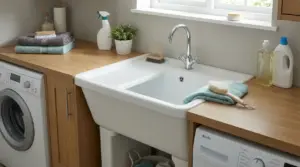 Vasca lavatoio in lavanderia con rubinetto, piano in legno, asciugamani e prodotti per il bucato