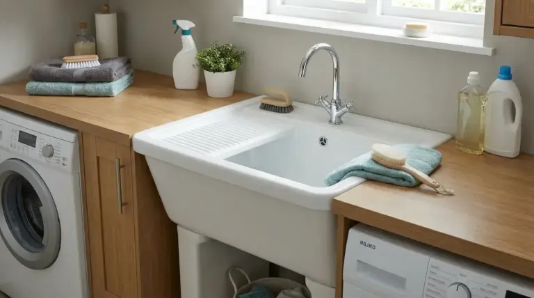 Vasca lavatoio in lavanderia con rubinetto, piano in legno, asciugamani e prodotti per il bucato