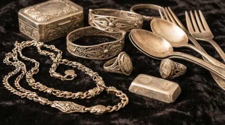 Vecchi gioielli e oggetti d'argento, con collane, bracciali, anelli e posate disposti su un panno scuro