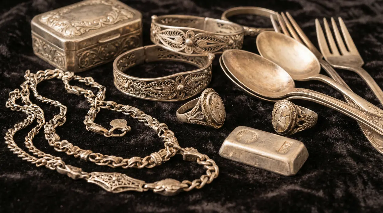 Vecchi gioielli e oggetti d'argento, con collane, bracciali, anelli e posate disposti su un panno scuro