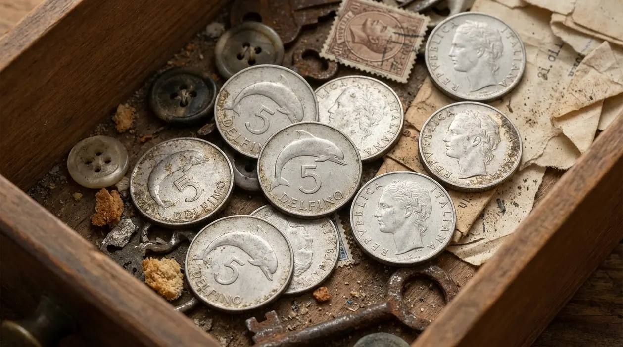 Vecchie monete da 5 lire del delfino in un cassetto polveroso con chiavi, bottoni e carte ingiallite