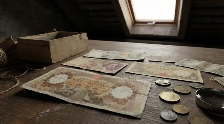 Vecchie banconote e monete in lire italiane su un tavolo in soffitta accanto a una scatola di cartone