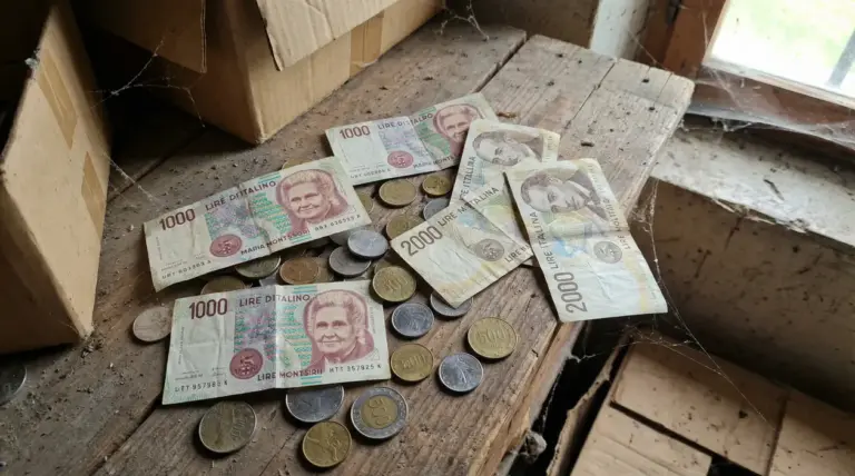 Vecchie lire italiane in banconote e monete trovate su un tavolo impolverato in soffitta
