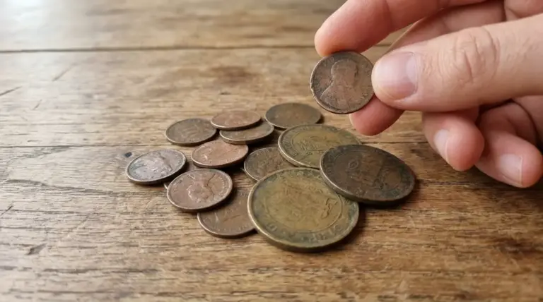 Mano che osserva vecchie monete di rame sparse su un tavolo di legno