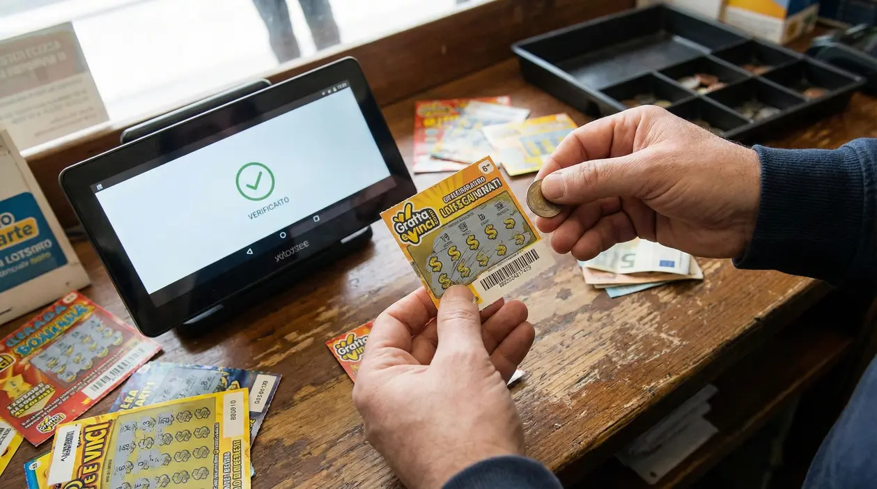 Persona controlla un Gratta e Vinci al banco di una tabaccheria con terminale di verifica acceso